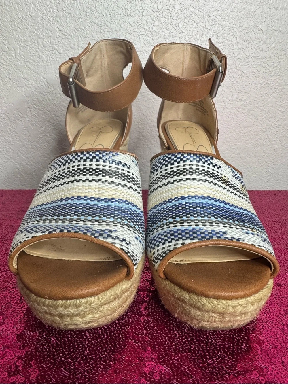 JESSICA SIMPSON 🩵 Tan & Blue Woven Espadrille Wedge Sandals (Women’s Size 7)